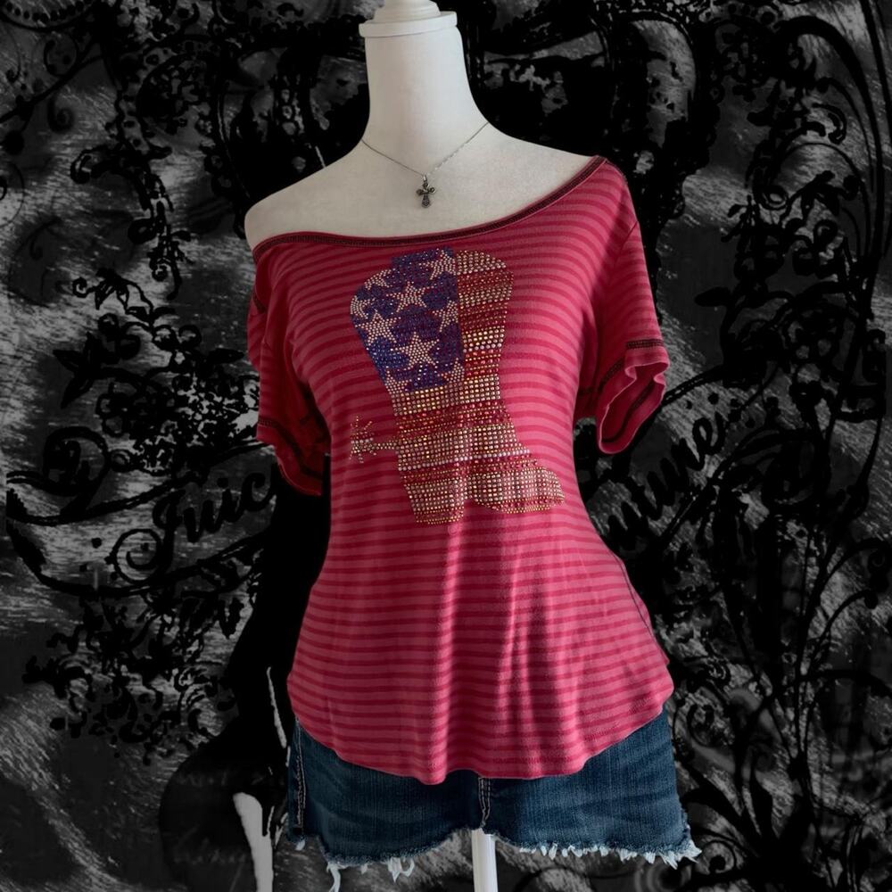 rhinestones embellished cowboy boot graphic striped pink top